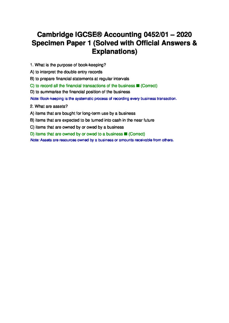 Cambridge IGCSE® Accounting 0452/01 – 2020 Specimen Paper 1 (Solved with Official Answers & Explanations)