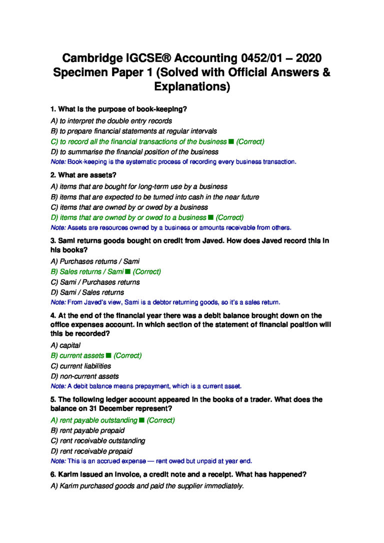 Cambridge IGCSE® Accounting 0452/01 – 2020 Specimen Paper 1 (Solved with Official Answers & Explanations) Final