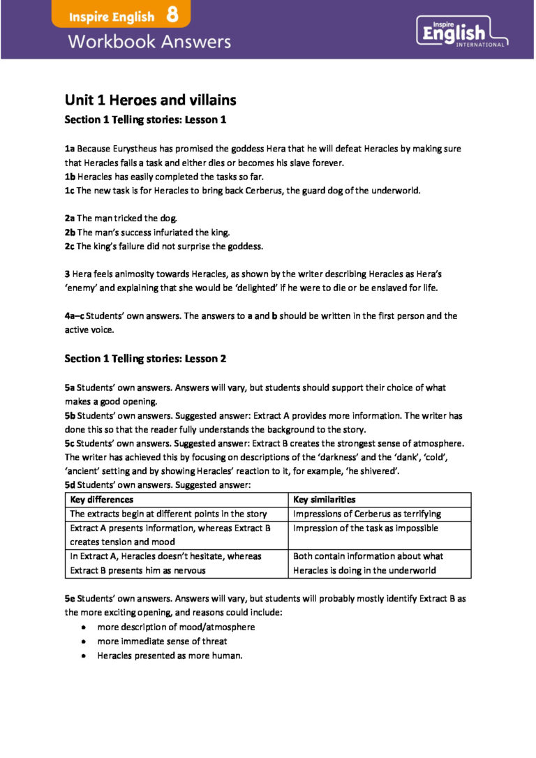 Inspire English Year 8 Workbook Answer Key
