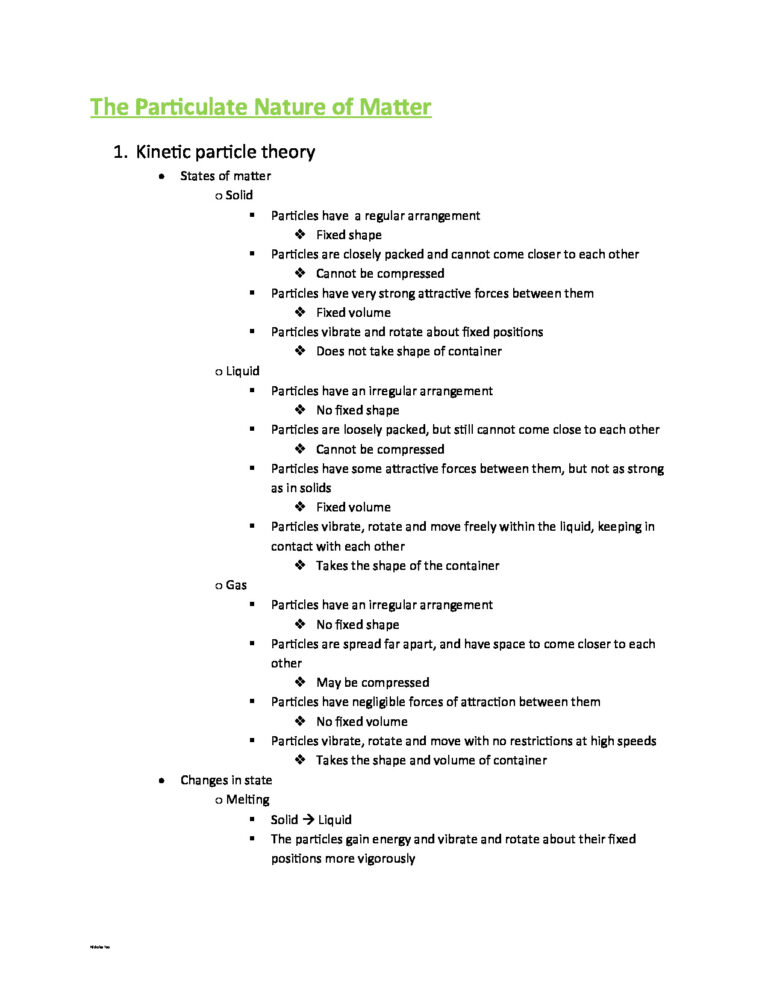 Chemistry Notes (The Particulate Nature of Matter)