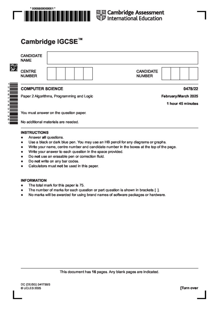 Cambridge IGCSE ™ COMPUTER SCIENCE 0478/22 Paper 2 February/March 2025