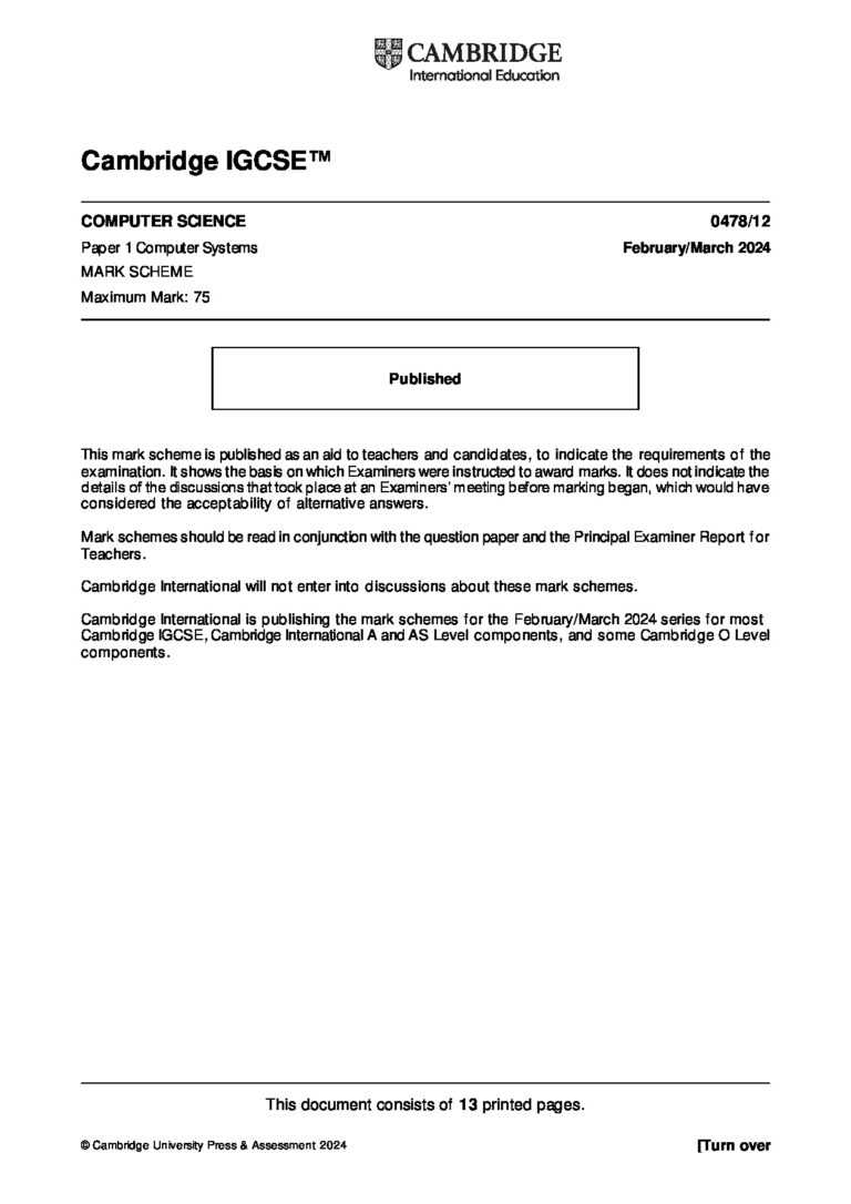 COMPUTER SCIENCE 0478/12 Paper 1 Computer Systems February/March 2024 MARK SCHEME