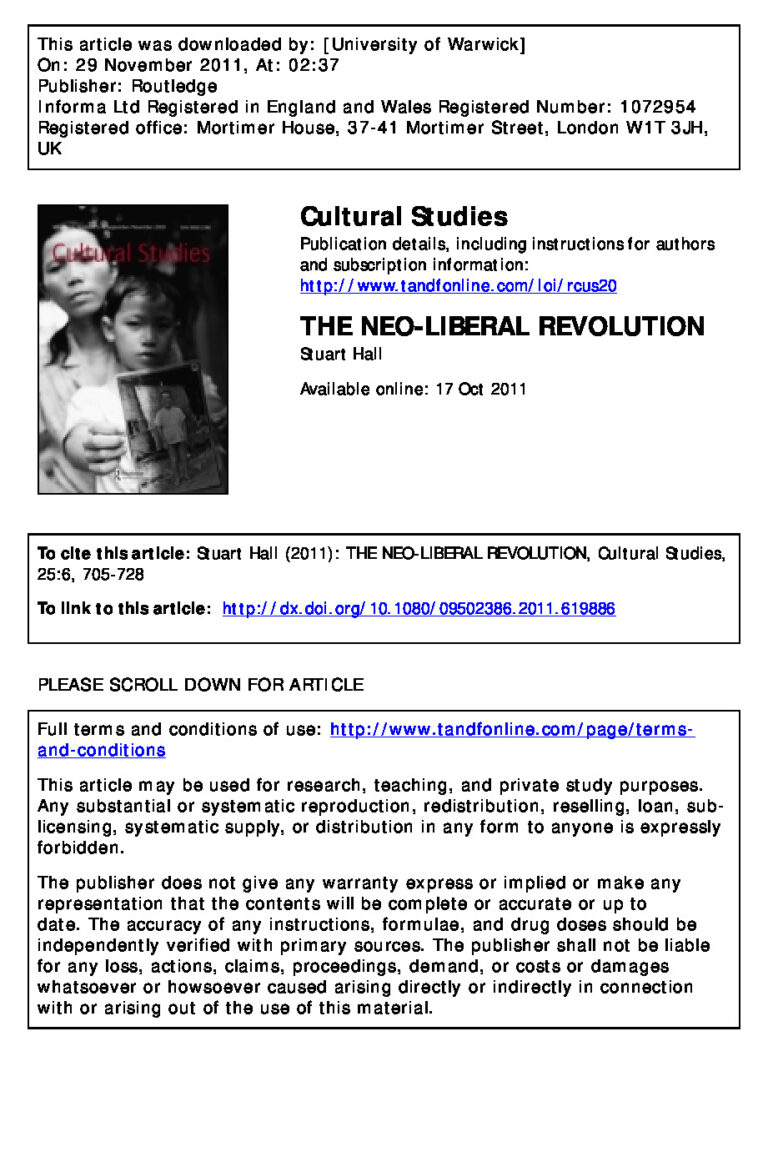 Hall, Stuart. (2011) The Neo-Liberal Revolution. Cultural Studies 25-6, 705-728
