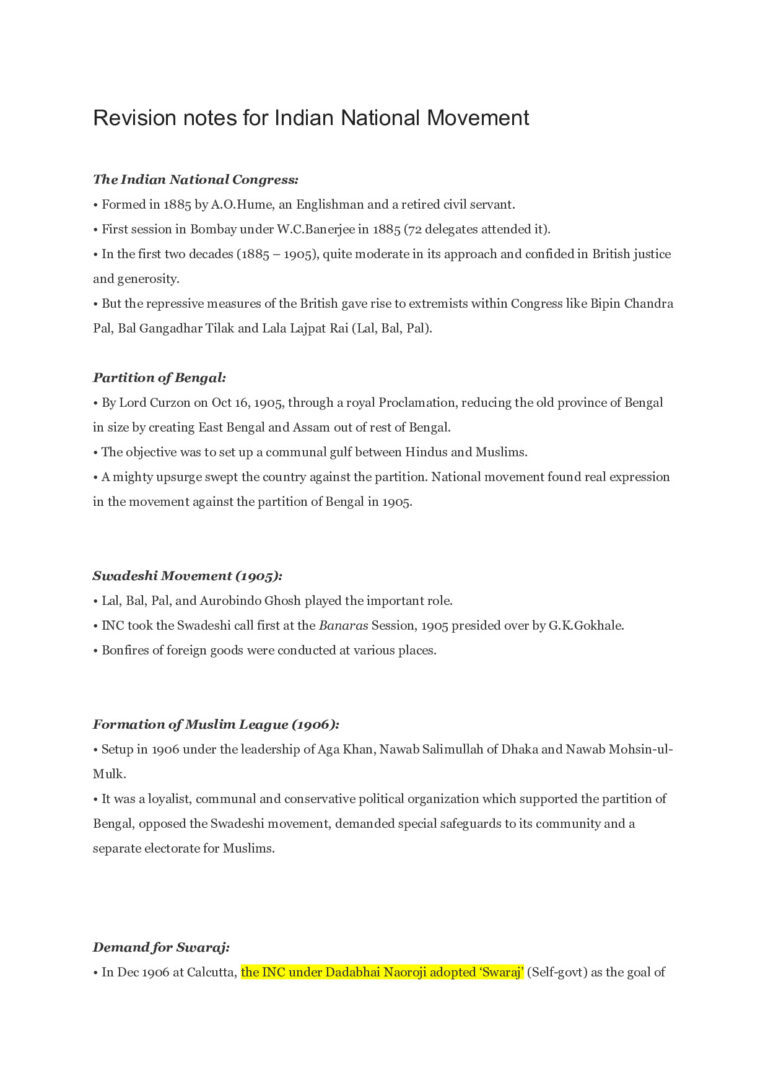 Revision Notes For Indian National Movement