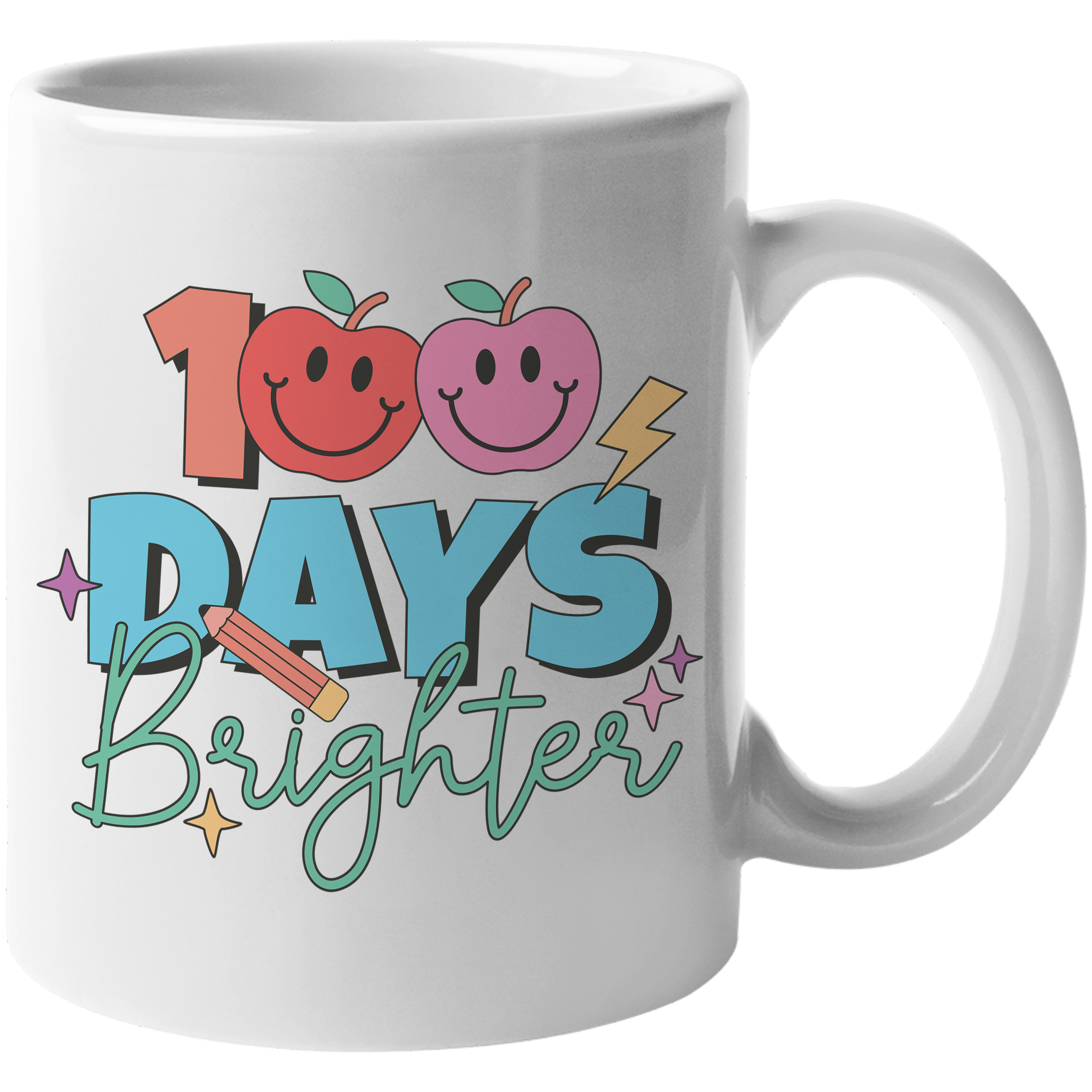 Coffee Mug, 100 Days Brighter with Apples & Pencil, 90s Retro School Themed  Art