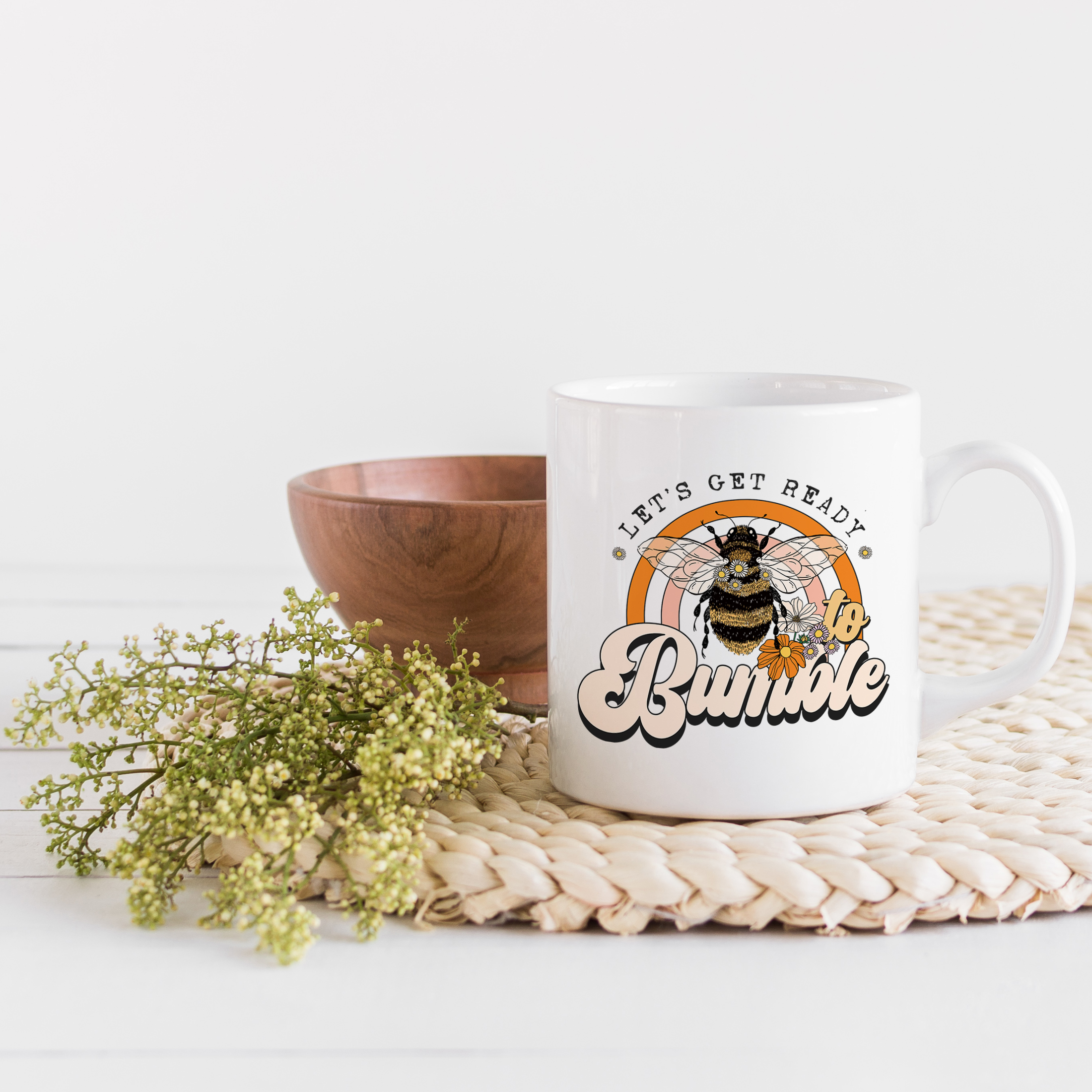 Coffee Mug, Let's Get Ready to Bumble Pun Quote with Honey Bee & Rainbow Art