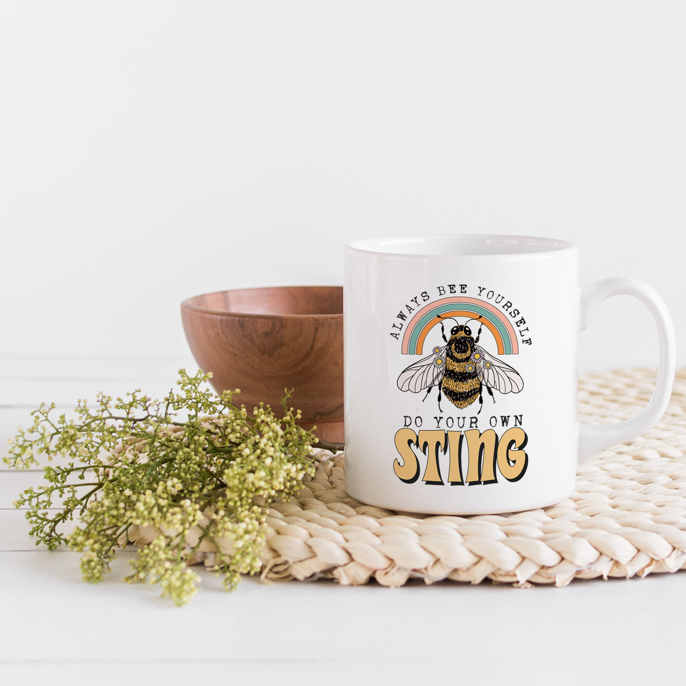 Coffee Mug, Always Bee Yourself, Do Your Own Sting Pun, Rainbow & Honey Bee Art