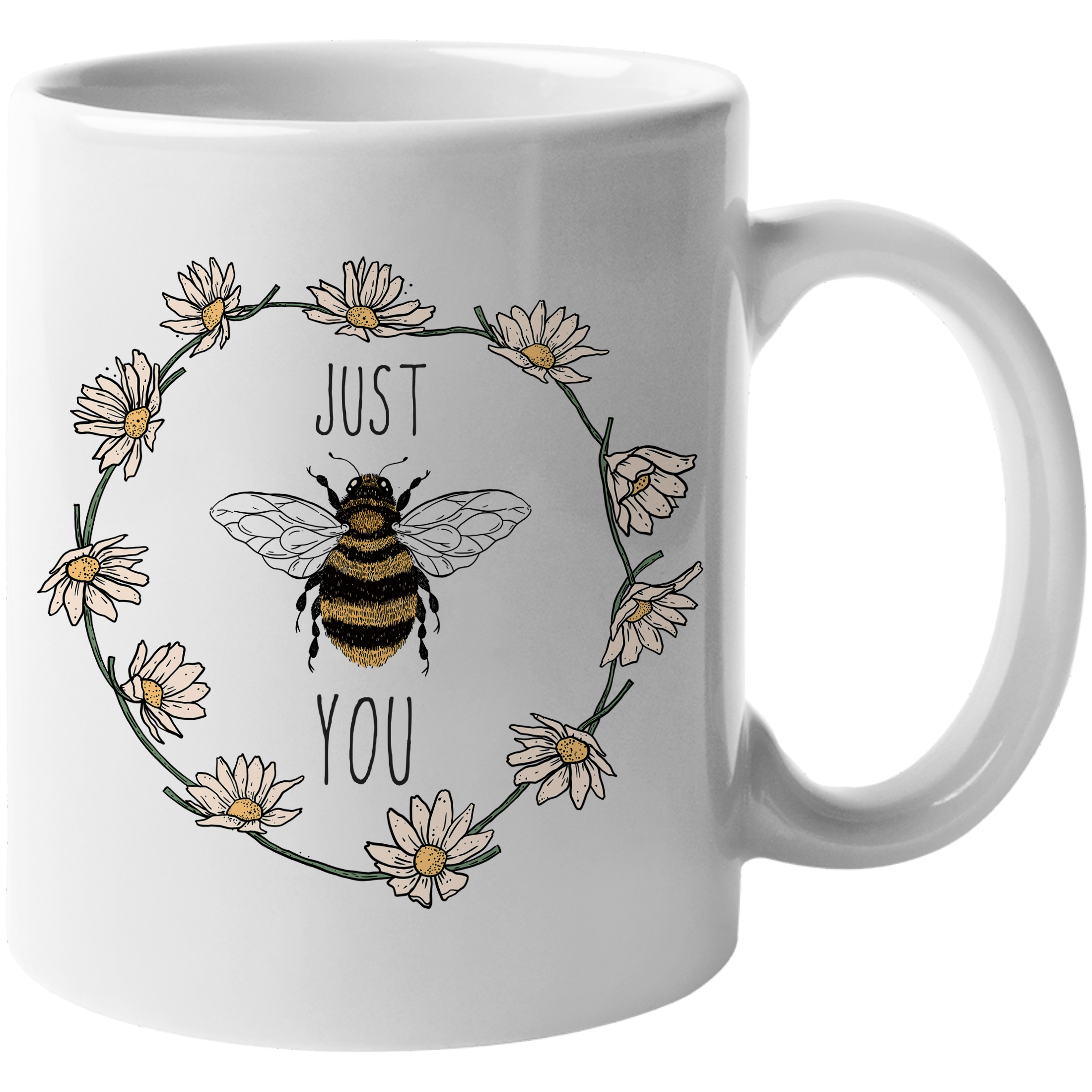 Coffee & Tea Mug, Just Bee You Pun with a Flower Wreath & Honey Bee Art