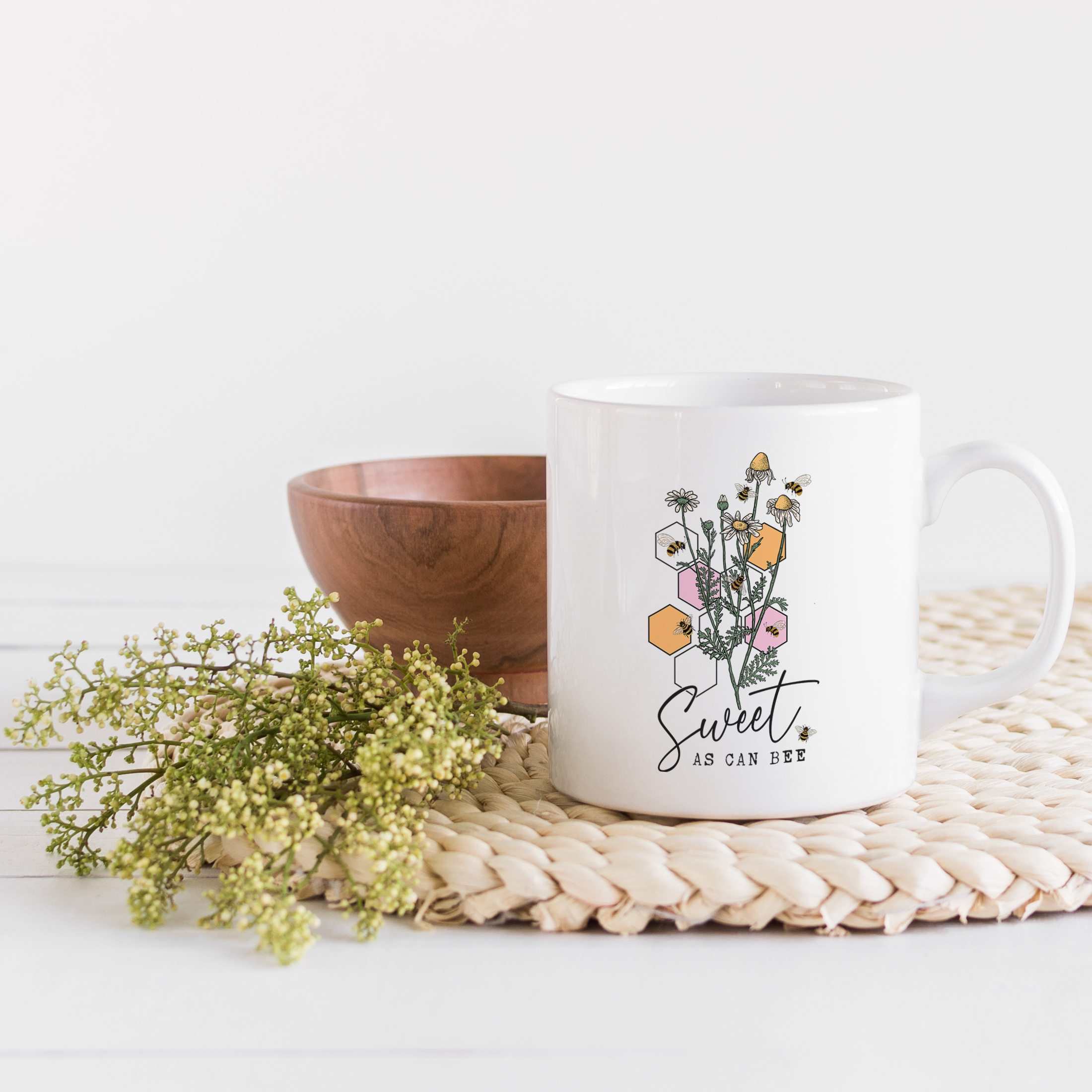 Coffee Mug, Sweet As Can Be Quote with Honeycomb Cells, Bees & Flowers Art