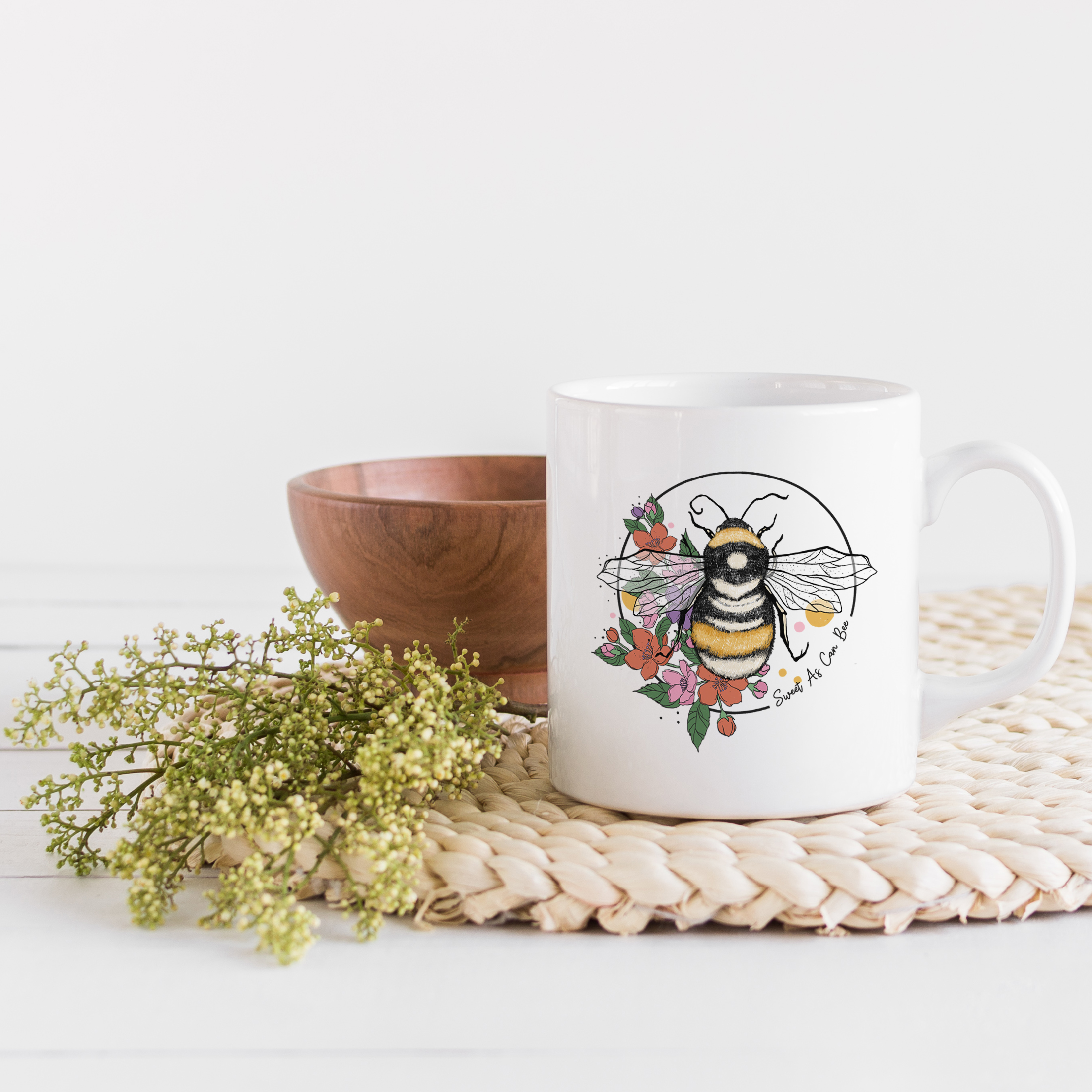 Coffee & Tea Mug, Sweet As Can Bee with Bee & Flowers Art