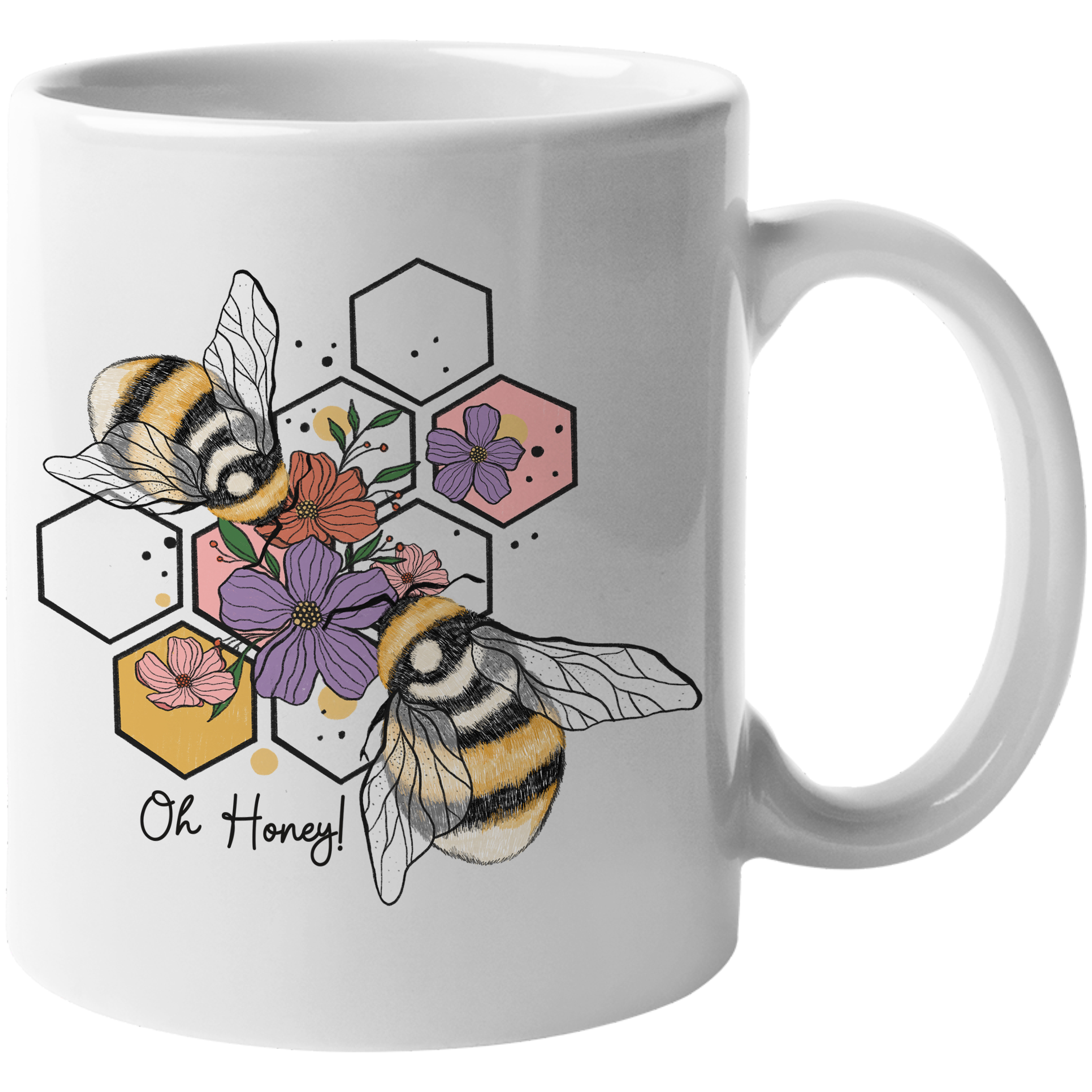 Coffee & Tea Mug, Oh Honey! 2 Bees & Flowers on Honeycomb Cells Art, Bee Lover