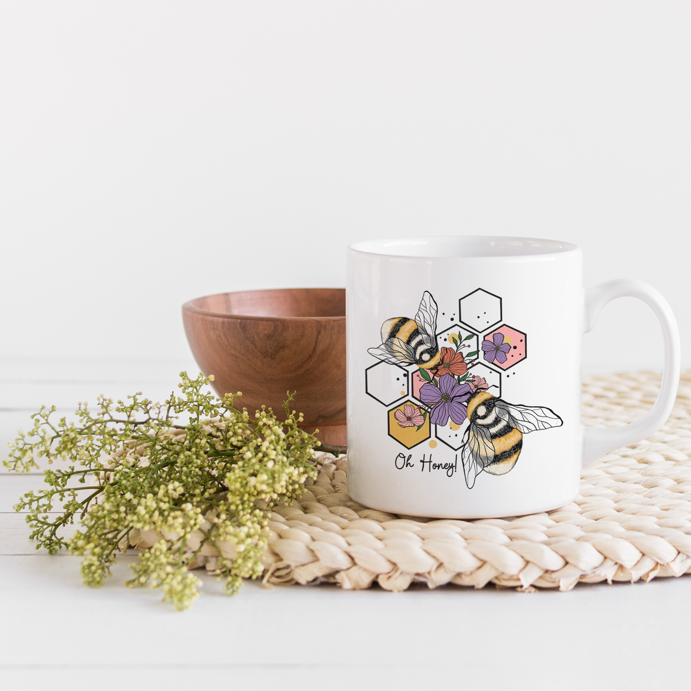 Coffee & Tea Mug, Oh Honey! 2 Bees & Flowers on Honeycomb Cells Art, Bee Lover