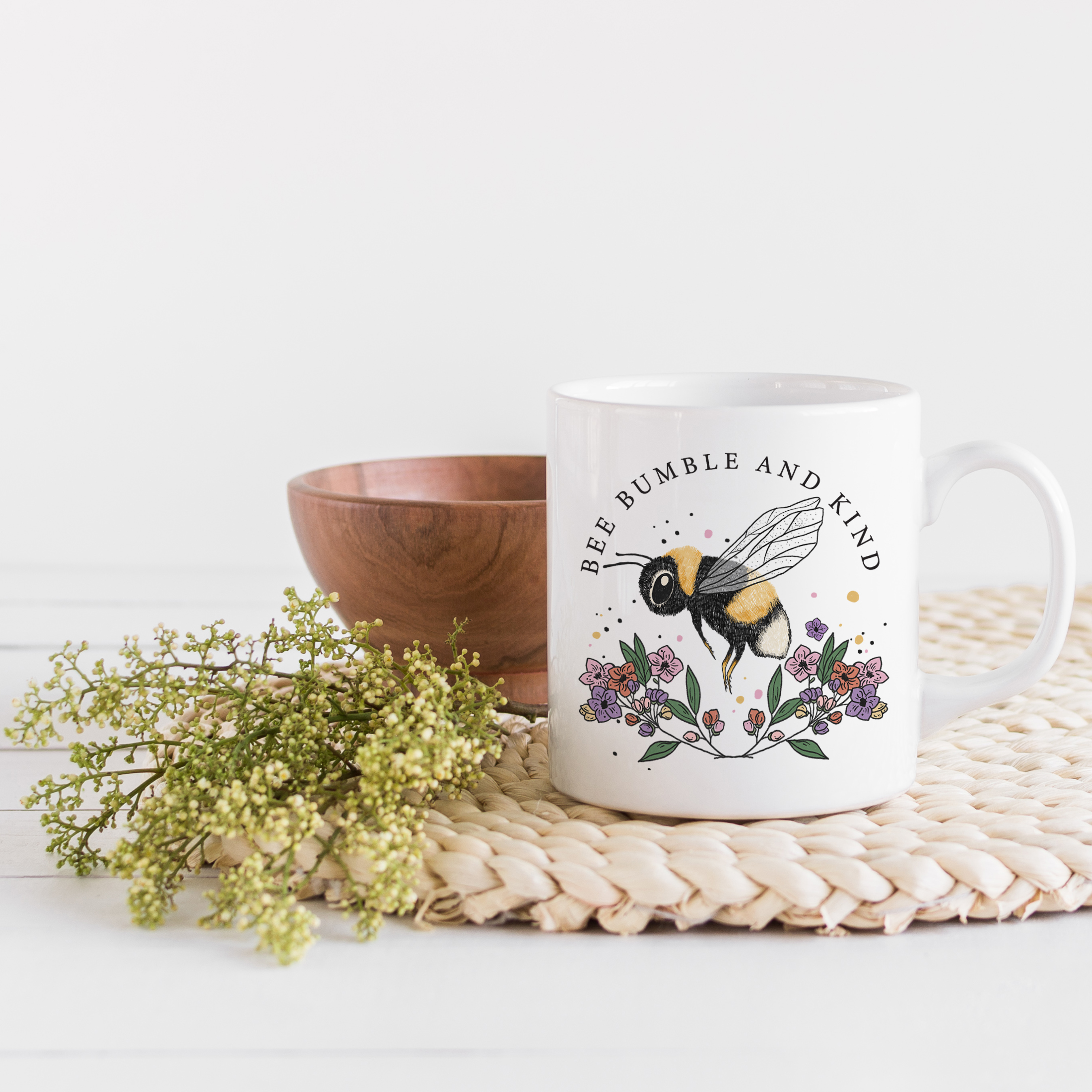 Coffee & Tea Mug, Bee Bumble and Kind Pun Quote with Hand Drawn Flowers Art