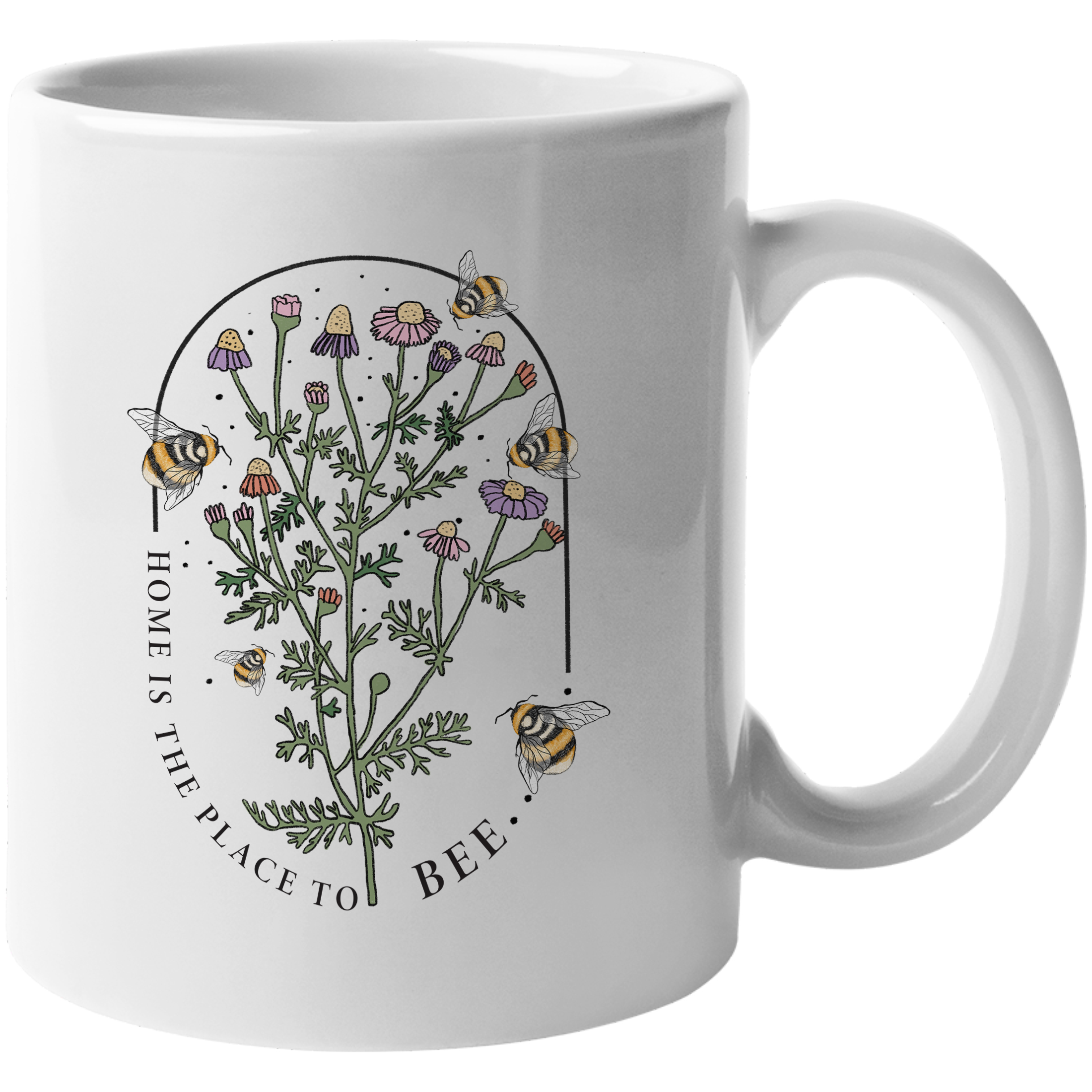 Coffee & Tea Mug, Home Is the Place to Bee Pun Quote with Bees & Flowers Art