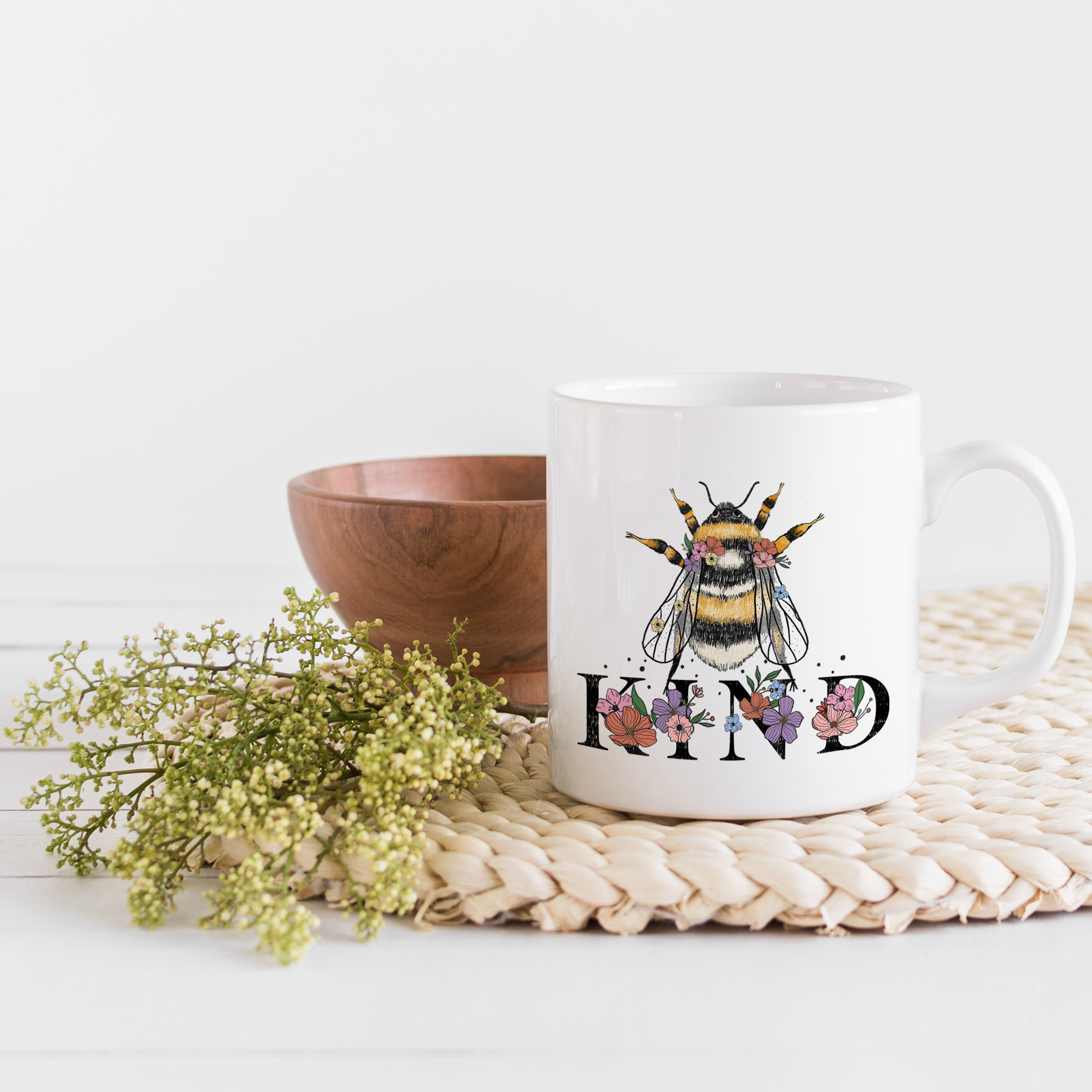 Coffee & Tea Mug, Kind with a Bee & Flowers Pun Art