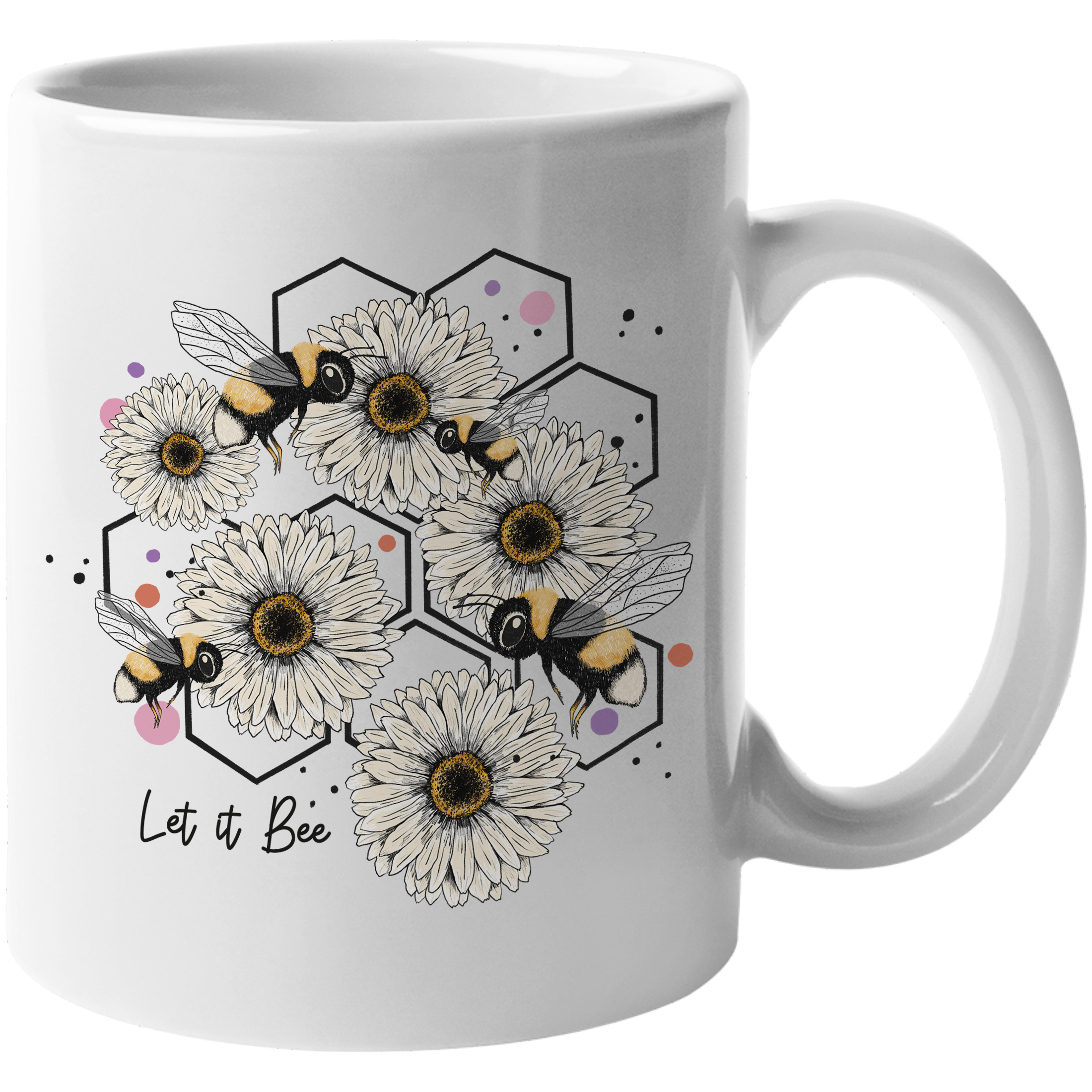 Coffee Mug, Let It Bee Pun, Bumble Bees, White Flowers & Honeycomb Cells Art