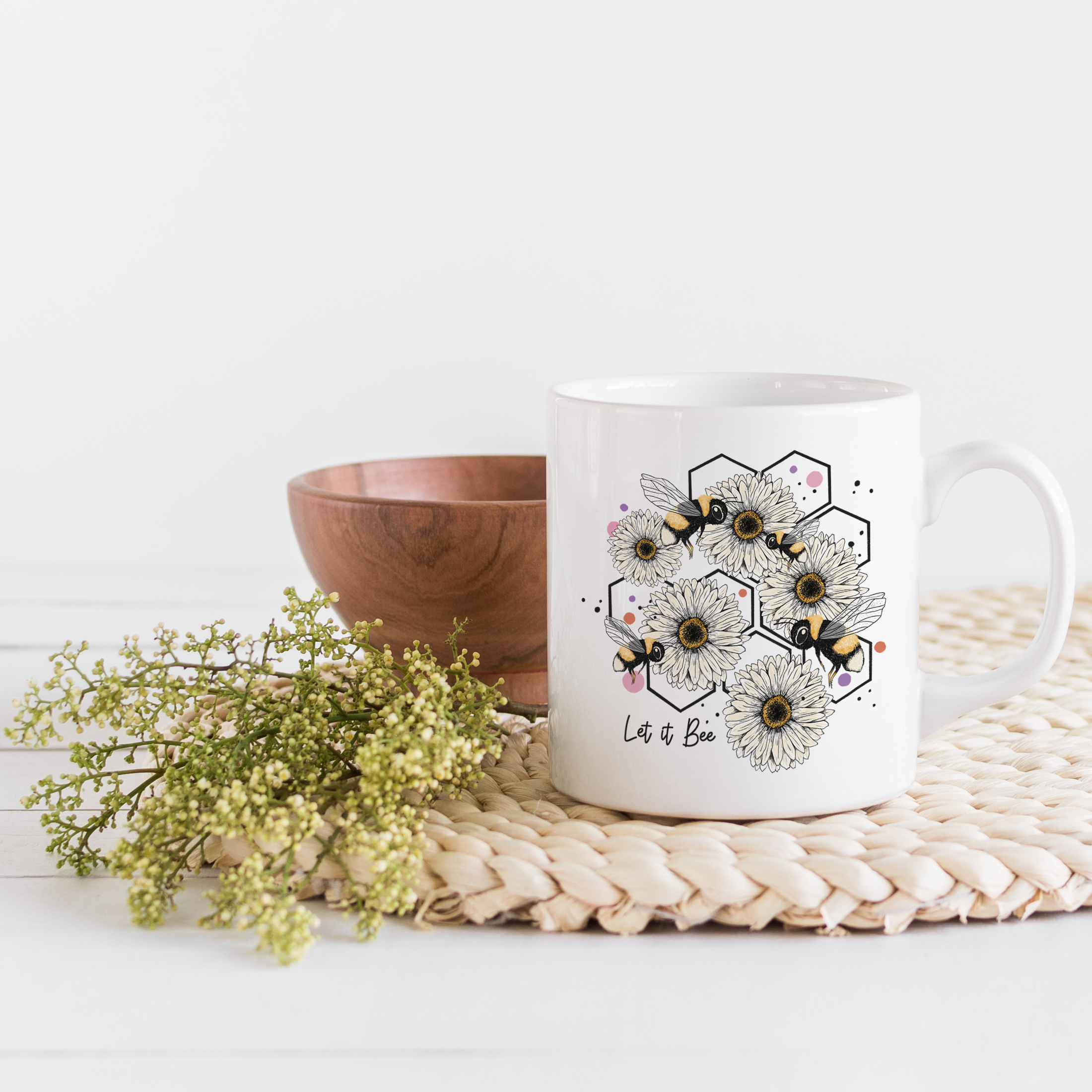 Coffee Mug, Let It Bee Pun, Bumble Bees, White Flowers & Honeycomb Cells Art