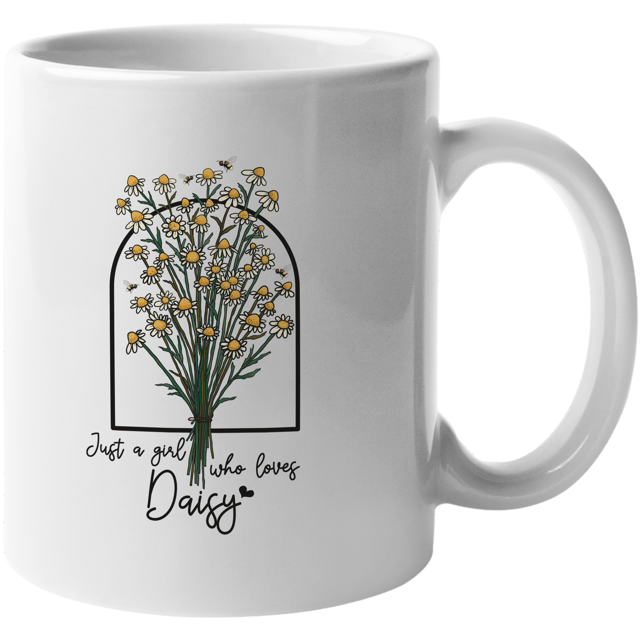 Coffee & Tea Mug, Just a Girl Who Loves Daisy with Daisies & Bees Art