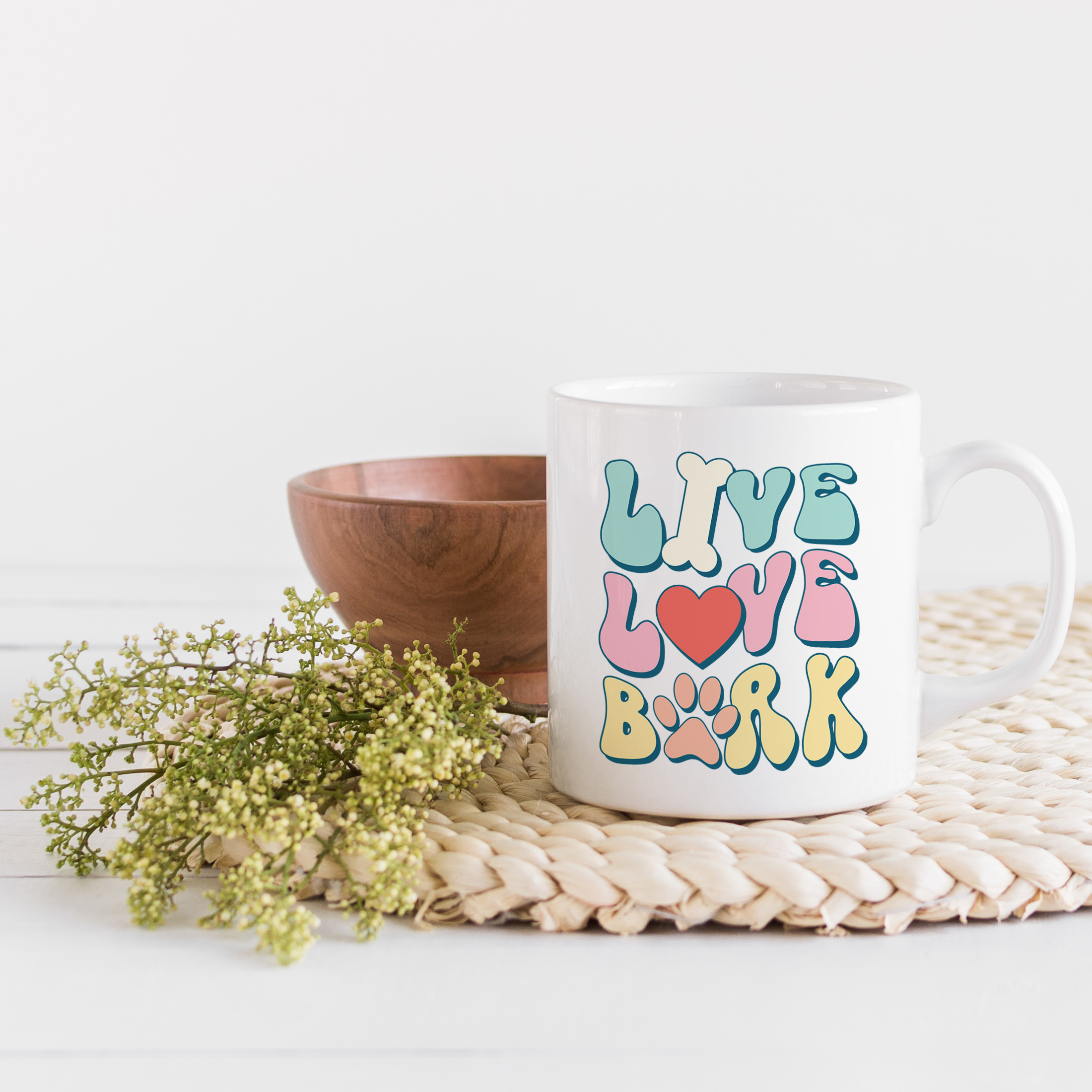 Coffee & Tea Mug, Live, Love, Bark with Bone, Heart & Dog Paw Art