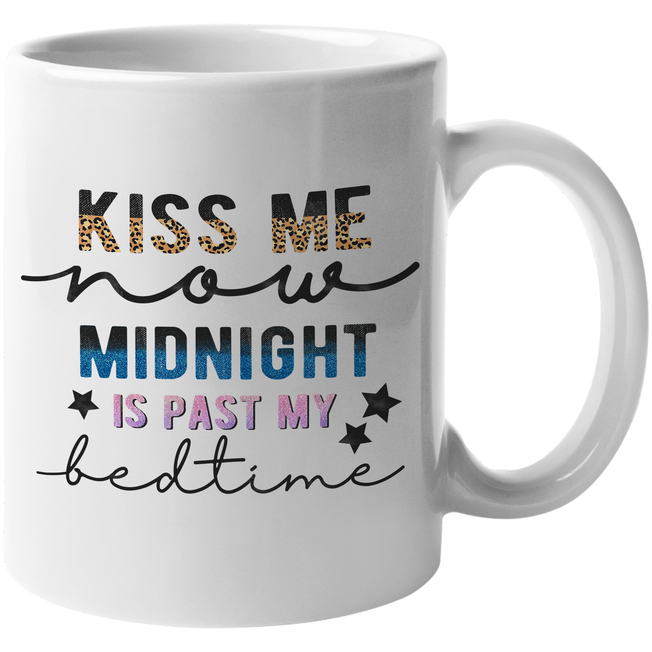 Coffee Mug, Kiss Me Midnight Is Past Bedtime, Leopard Print, Glitters, New Year