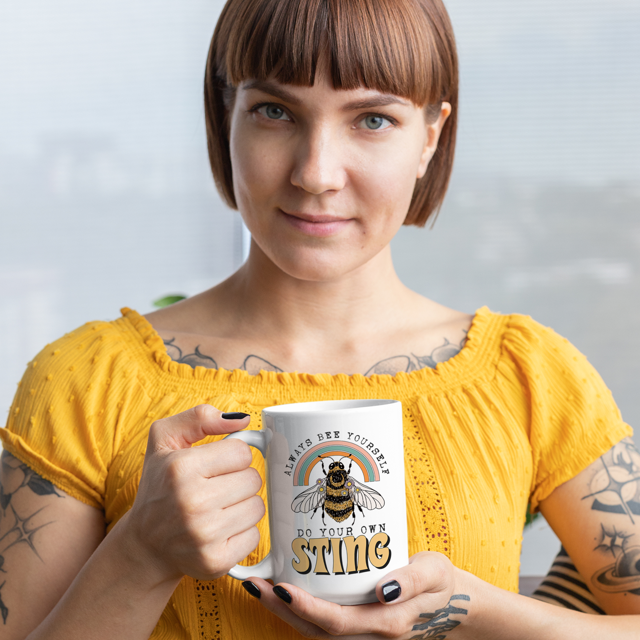 Coffee Mug, Always Bee Yourself, Do Your Own Sting Pun, Rainbow & Honey Bee Art