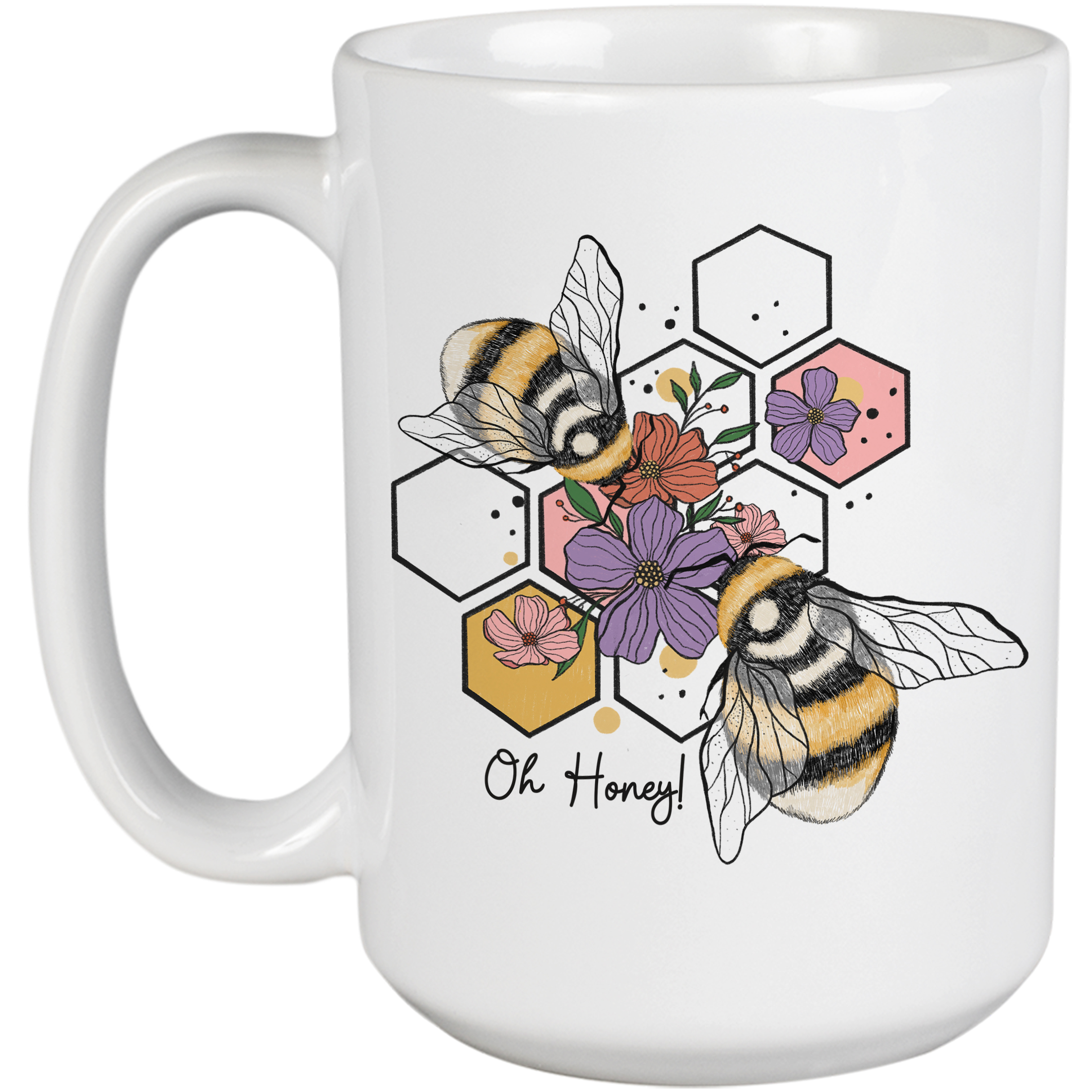 Coffee & Tea Mug, Oh Honey! 2 Bees & Flowers on Honeycomb Cells Art, Bee Lover