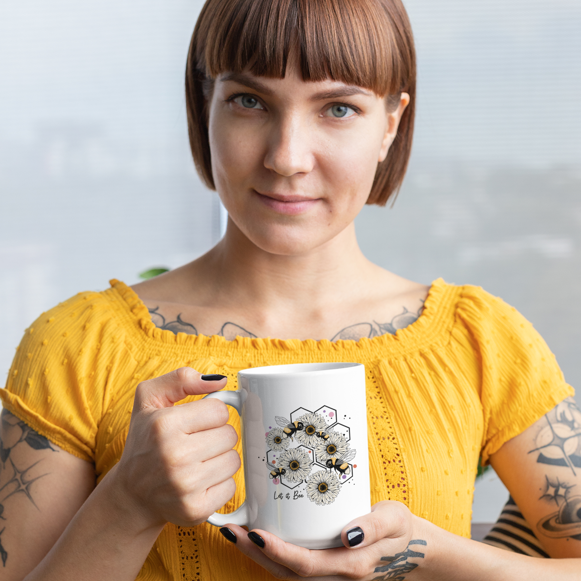 Coffee Mug, Let It Bee Pun, Bumble Bees, White Flowers & Honeycomb Cells Art