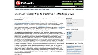 Maximum Fantasy Sports Confirms It Is Seeking Buyer - EIN Presswire