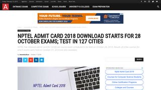 NPTEL Admit Card 2018 download starts for 28 October exams; Test ...