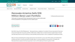 Renovate America Sells $38 Million Benji Loan Portfolio - PR Newswire