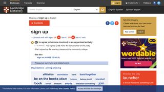SIGN UP | meaning in the Cambridge English Dictionary