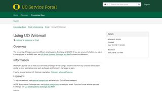 Article - Using UO Webmail - UO Service Portal - University of Oregon