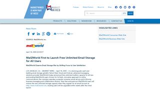 Mail2World First to Launch Free Unlimited Email Storage for All Users