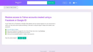Restore access to Yahoo accounts created using a Facebook or ...