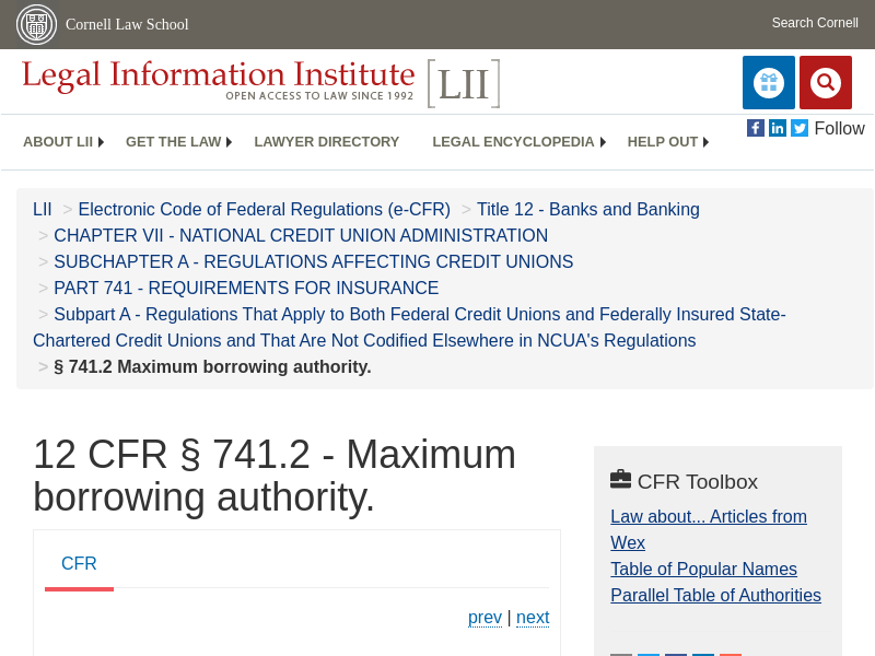 
                            8. 12 CFR § 741.2 - Maximum borrowing authority. | CFR | US ...