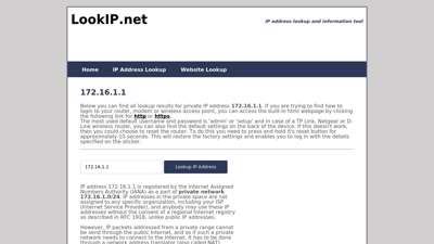 172.16.1.1 - Private Network  IP Address Information Lookup