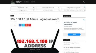
192.168.1.100 Router Login Admin Username and Password  
