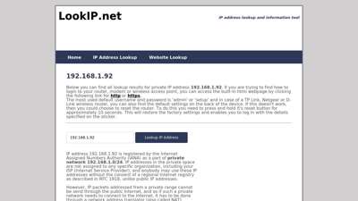 192.168.1.92 - Private Network  IP Address Information Lookup