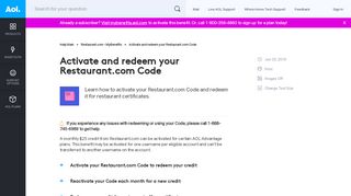 
                            6. Activate and redeem your Restaurant.com Code - AOL Help - Restaurant Com My Account Portal