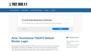 
Arris Touchstone TG2472 - Default login IP, default username ...  
