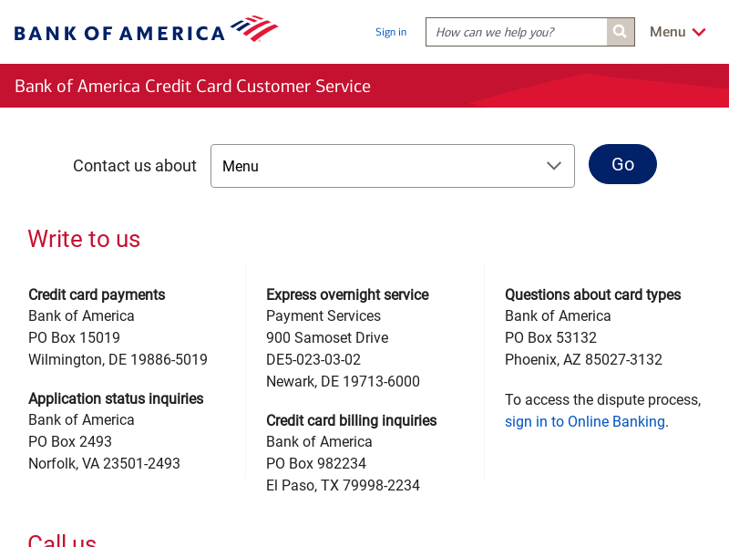 
                            4. Bank of America Credit Card Customer Service & Contact Numbers