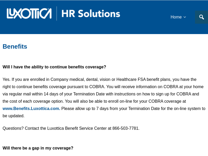 Benefits – Luxottica  Former Employee Resources