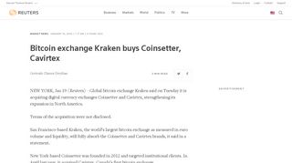 
Bitcoin exchange Kraken buys Coinsetter, Cavirtex - Reuters  
