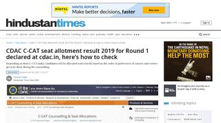 
                            1. CDAC C-CAT seat allotment result 2019 for Round 1 declared ... - Cdac Candidate Portal