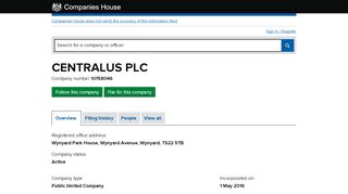 
                            3. CENTRALUS PLC - Overview (free company information from ... - Centralus Portal