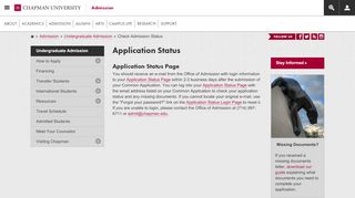 Check Admission Status | Undergraduate Admission | Chapman ... - Chapman Admissions Portal