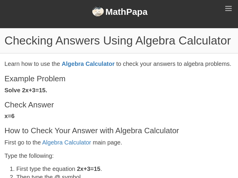 
                            10. Checking Answers Using Algebra Calculator - MathPapa