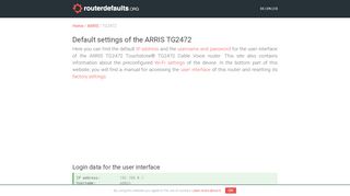 
Default settings of the ARRIS TG2472  
