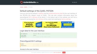 1. Default settings of the ZyXEL P8702N - Zyxel P8702n Portal