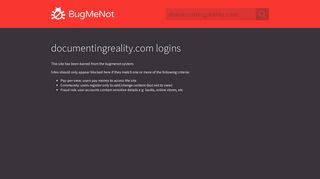 
                            8. documentingreality.com passwords - BugMeNot - Documenting Reality Login And Password